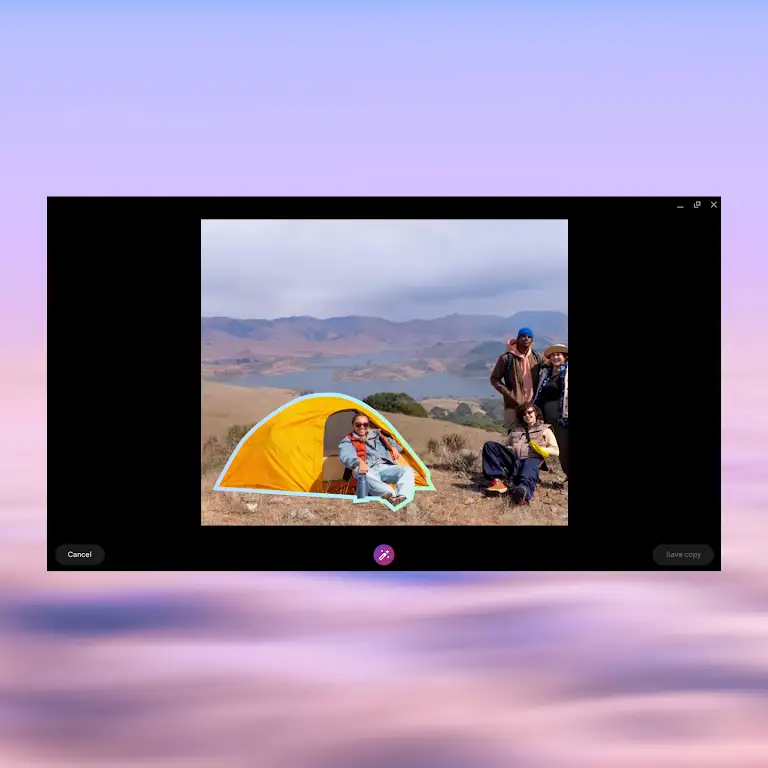 Animation showing someone using Magic Editor to reposition a person and tent in a photograph.