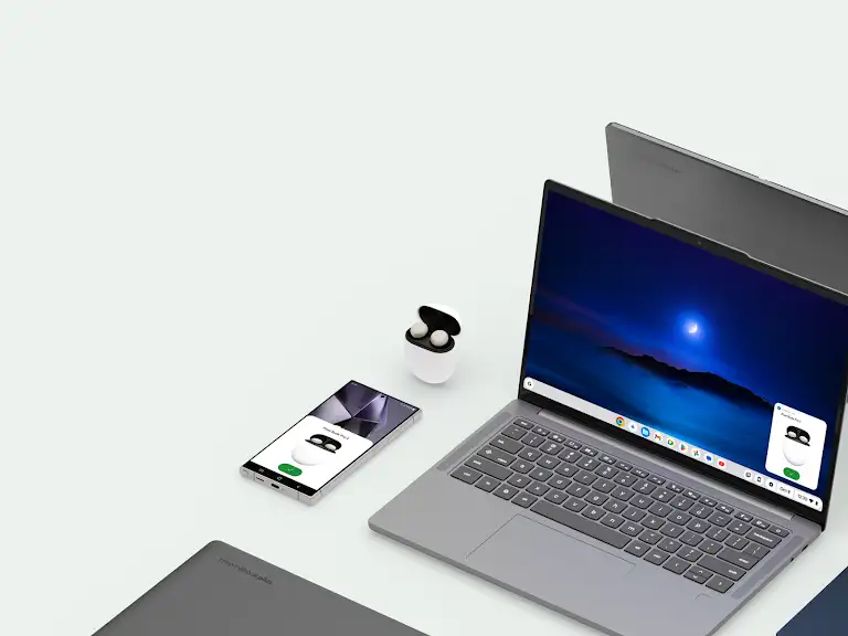 Animation showing Chromebook, a Pixel phone, and Pixel Buds as a connected ecosystem of Google products.