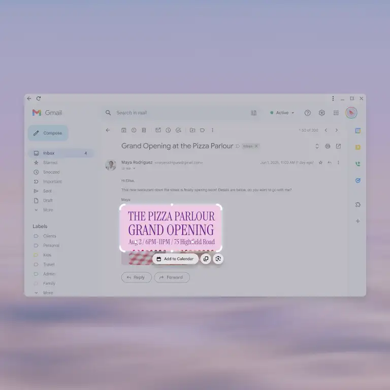 Animation showing someone using the Super Extract feature to create a calendar event from text in an image on an email.