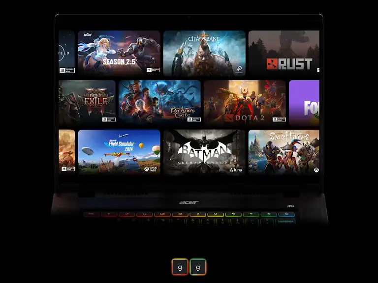 Laptop with multiple tiles showing games available to play on Chromebook via cloud gaming platforms.