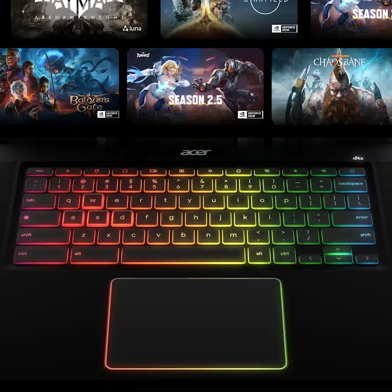 Animation showing the RGB keyboard on a Chromebook Plus laptop.
