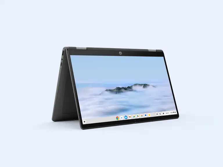 Animation of a Chromebook rotating from laptop mode past 90 degrees into tablet mode, ending in tent mode.