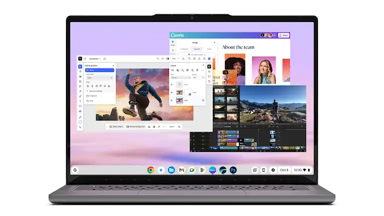 Animation showing screens of apps available to play on Chromebook, including Figma, Spotify, Photoshop, Lumafusion, Canva, and Microsoft Excel.